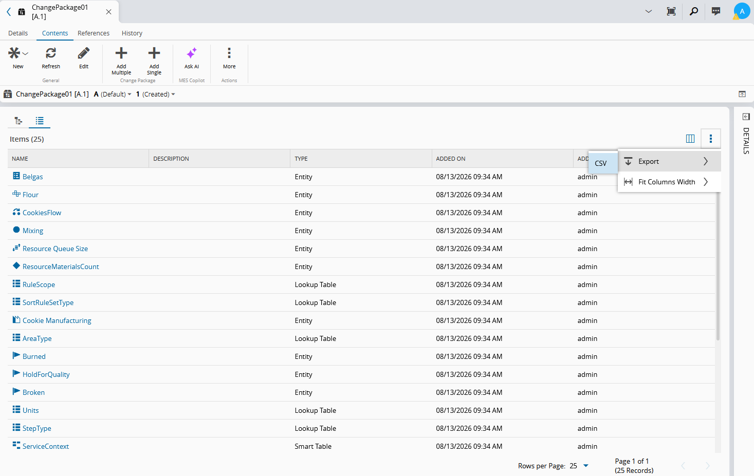 Screenshot showing the grid view mode and More Options on the Contents tab.