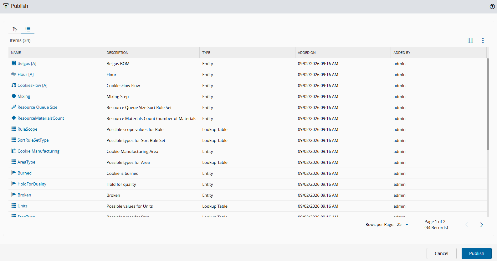 Screenshot showing the Publish wizard in the grid view.