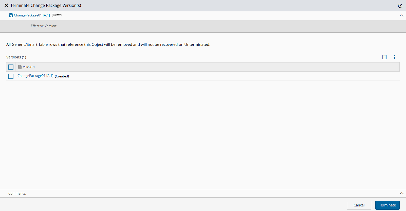 Screenshot showing the Terminate Change Package wizard.