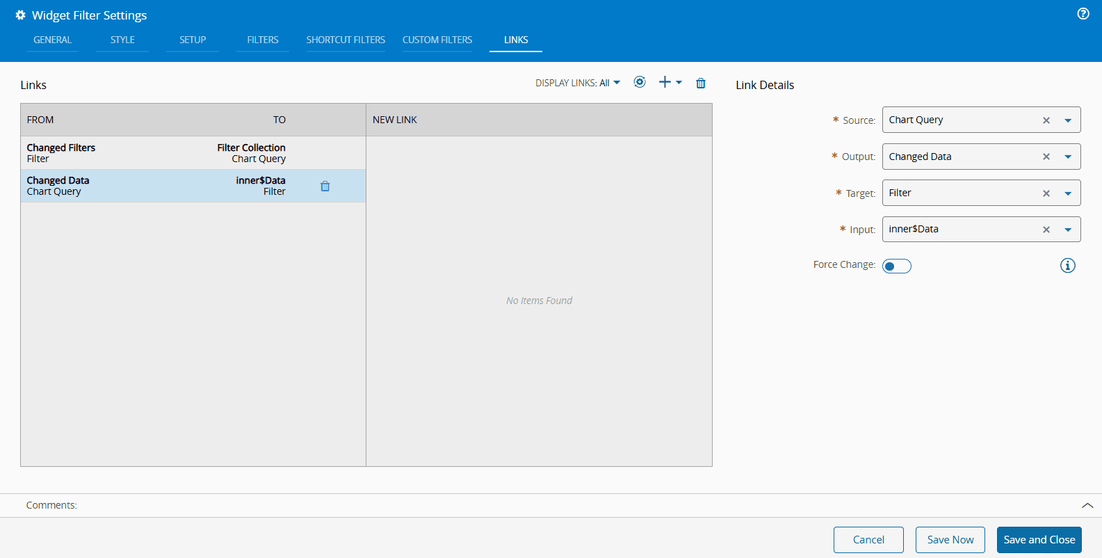 Screenshot showing a widget settings interface with options for filtering results.