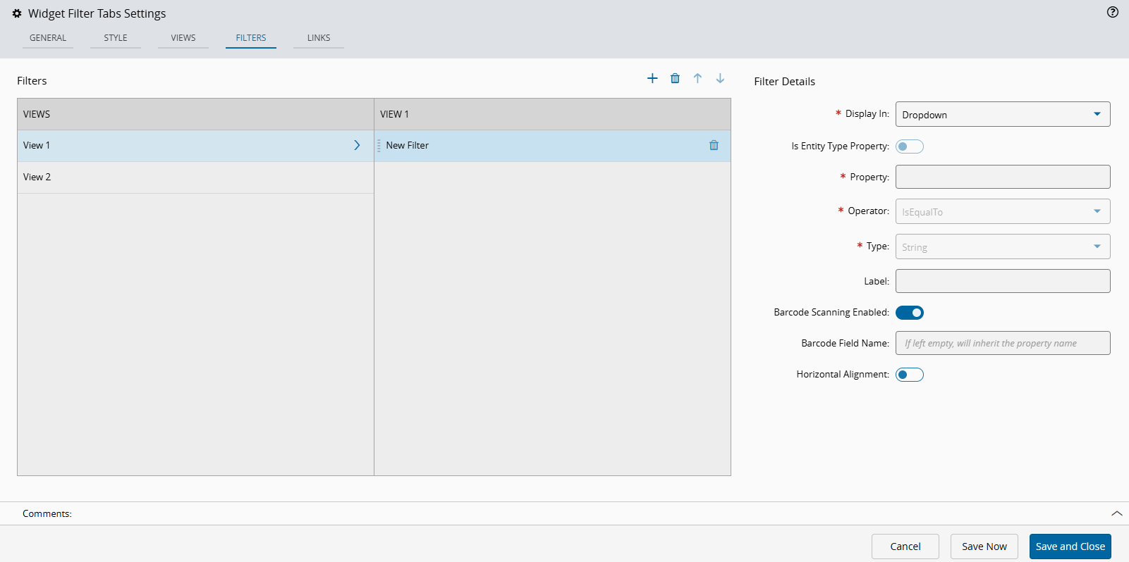 Filter Tabs filters settings