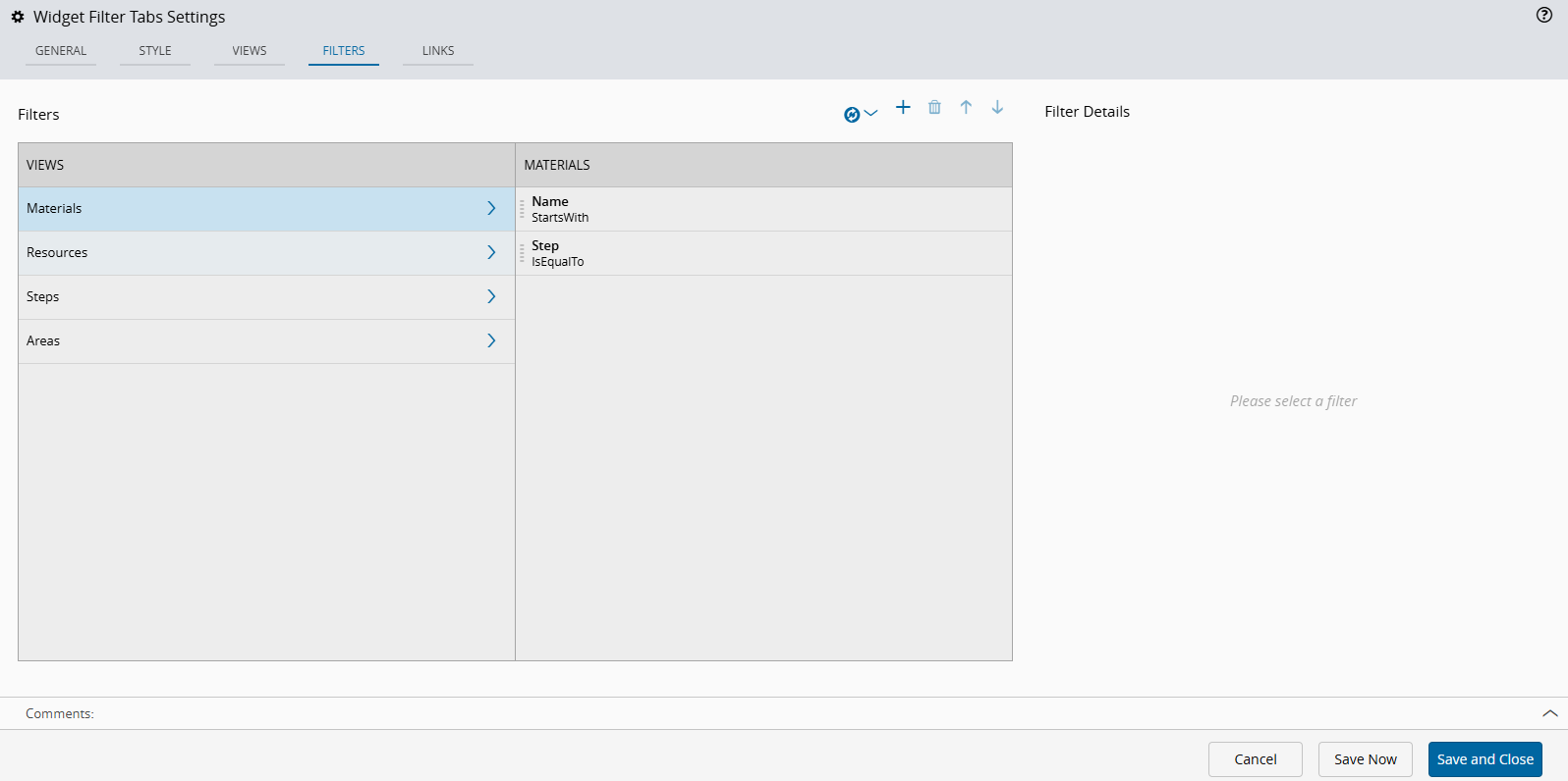 Screenshot showing the Filters tab automatically populated from the selected template.