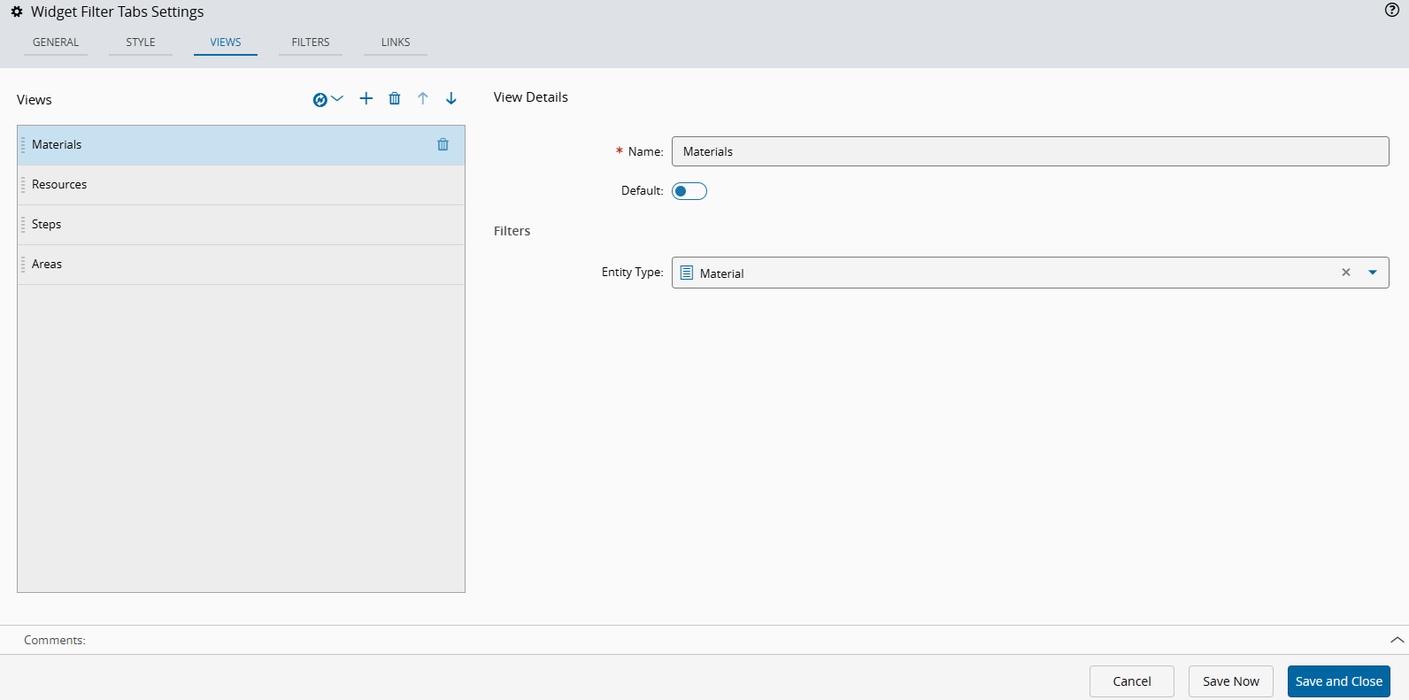 Screenshot showing the Views tab automatically populated from the selected template.