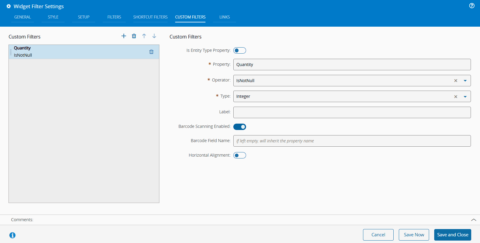 filter custom filters tab