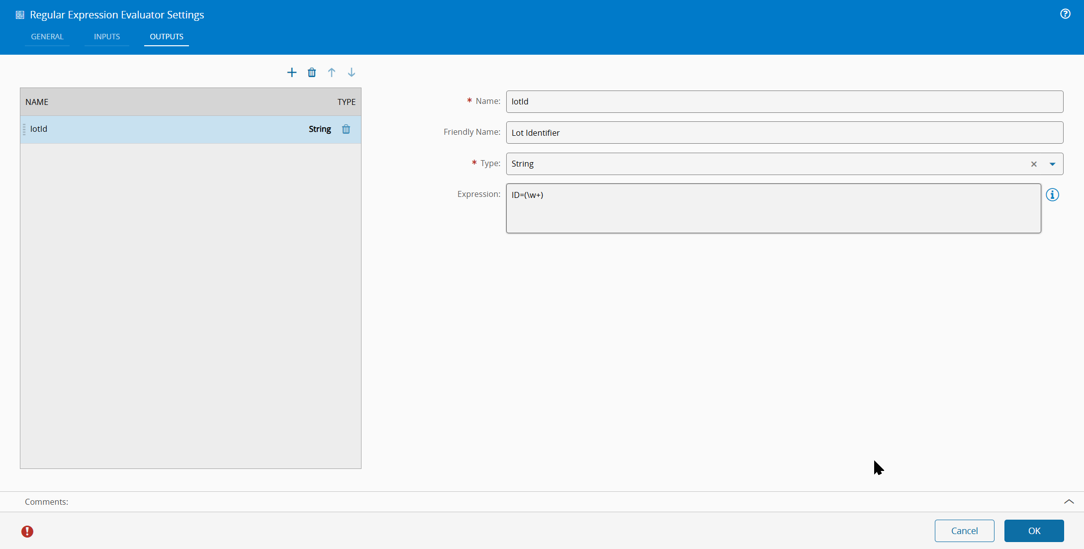 Regular Expression Evaluator Output Settings screenshot