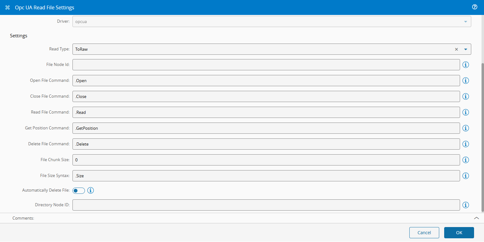 Screenshot showing settings for reading a file, with options including filename.