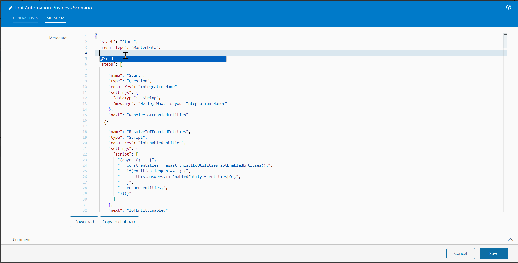 Schema-aware JSON editor showing an inline marker, a hover tooltip with the property description, and a completion popup with the allowed property names.
