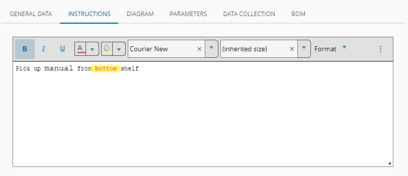 Screenshot showing a UI with an empty checklist area where users can add rich-text formatted instructions.