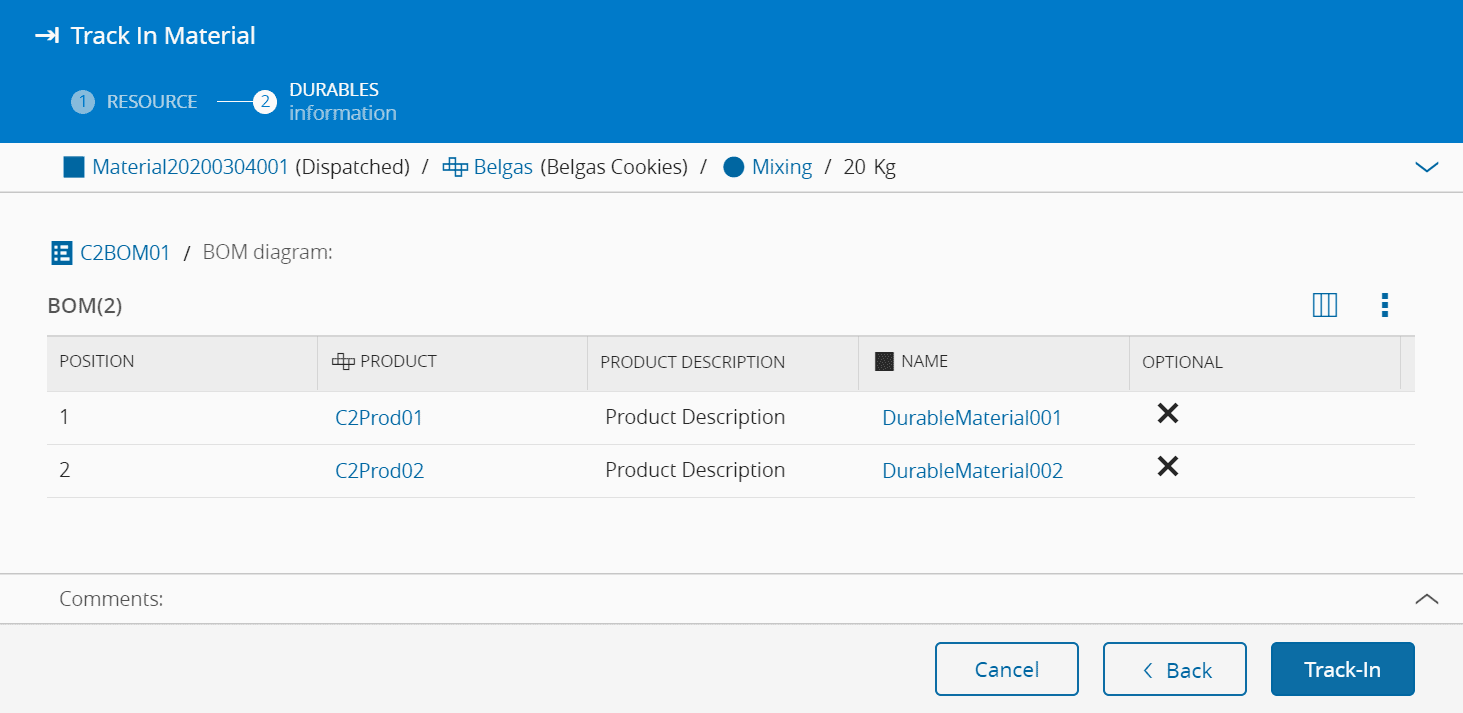 Screenshot showing a list of durables ready to be tracked in.