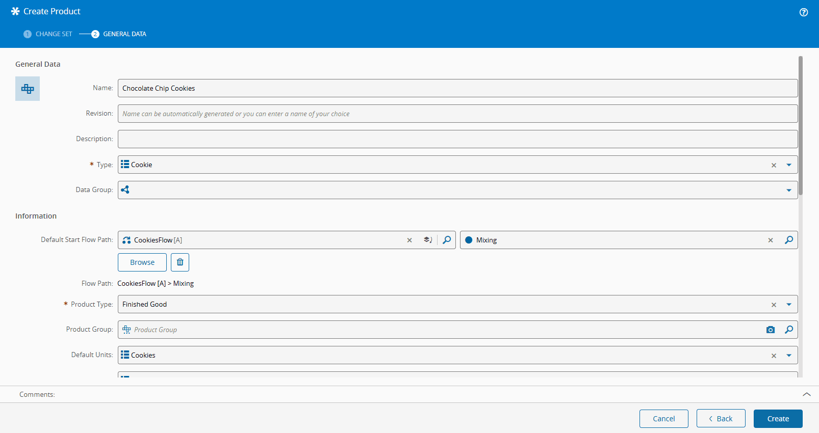 Screenshot showing a UI with options for creating a new product, including "Create Prod" and other product types such as "Chocoace" and "Canines".