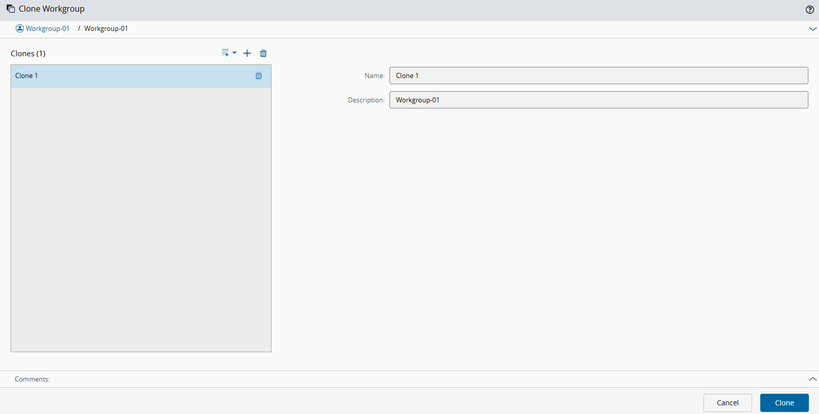 Screenshot showing the Clone Workgroup wizard.