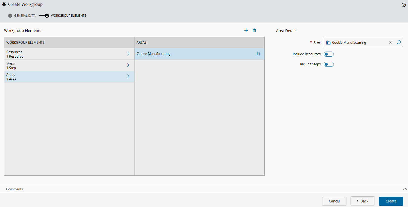 Screenshot showing the Create Workgroup wizard in the Workgroup Elements tab for Areas.