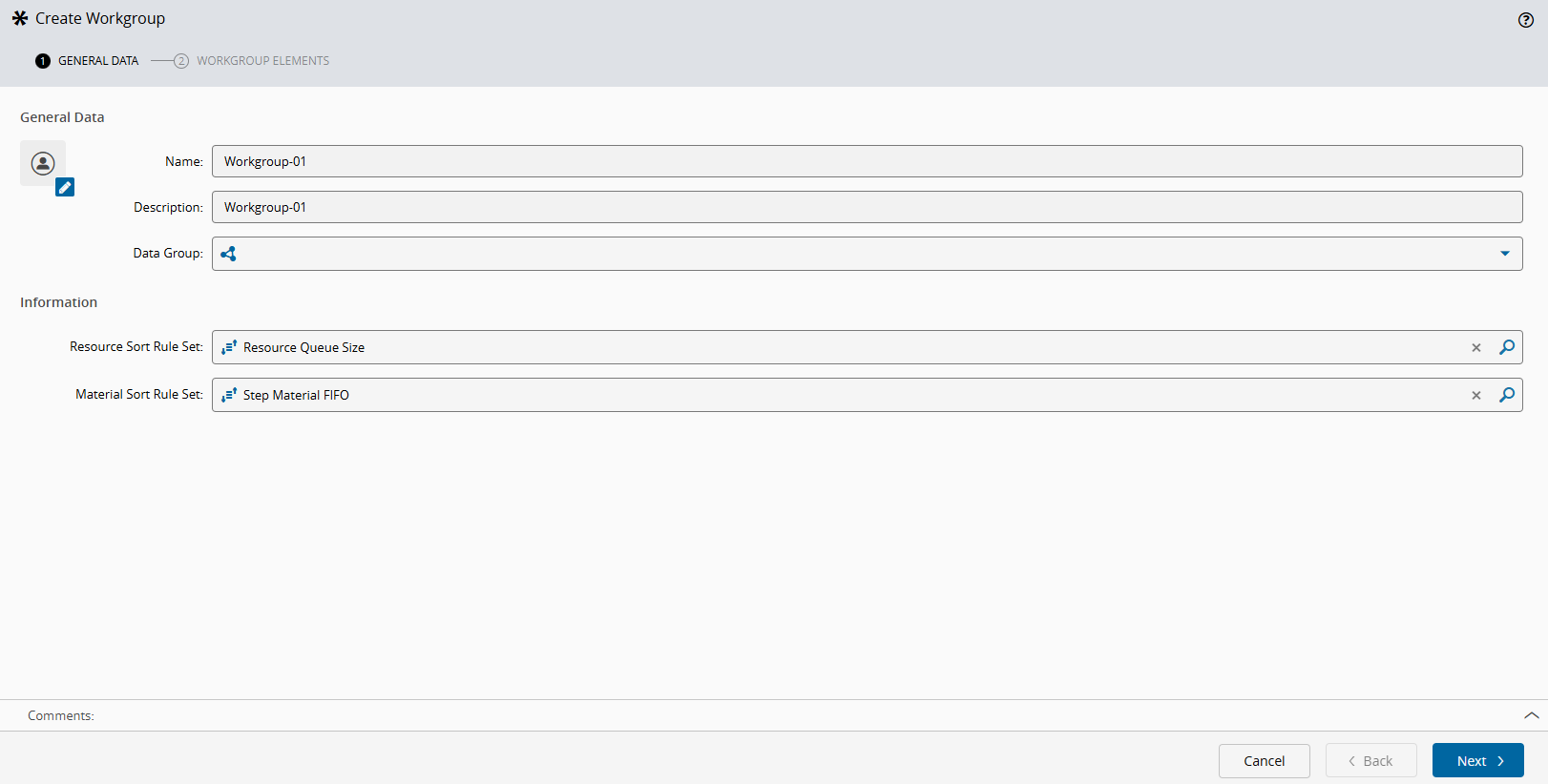 Screenshot showing the Create Workgroup wizard in the General Data tab.