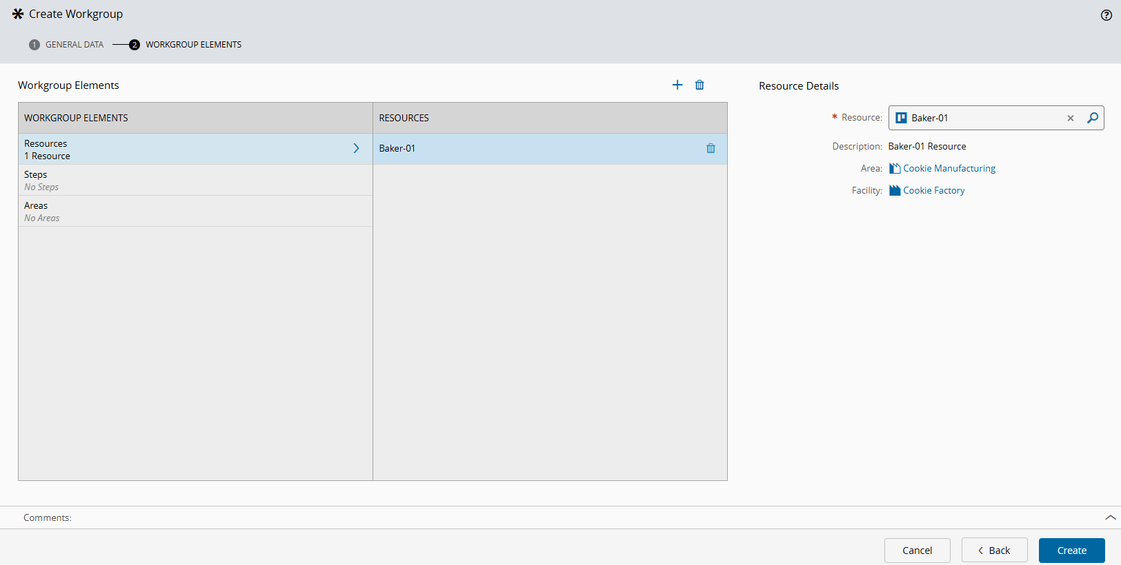 Screenshot showing the Create Workgroup wizard in the Workgroup Elements tab for Resources.