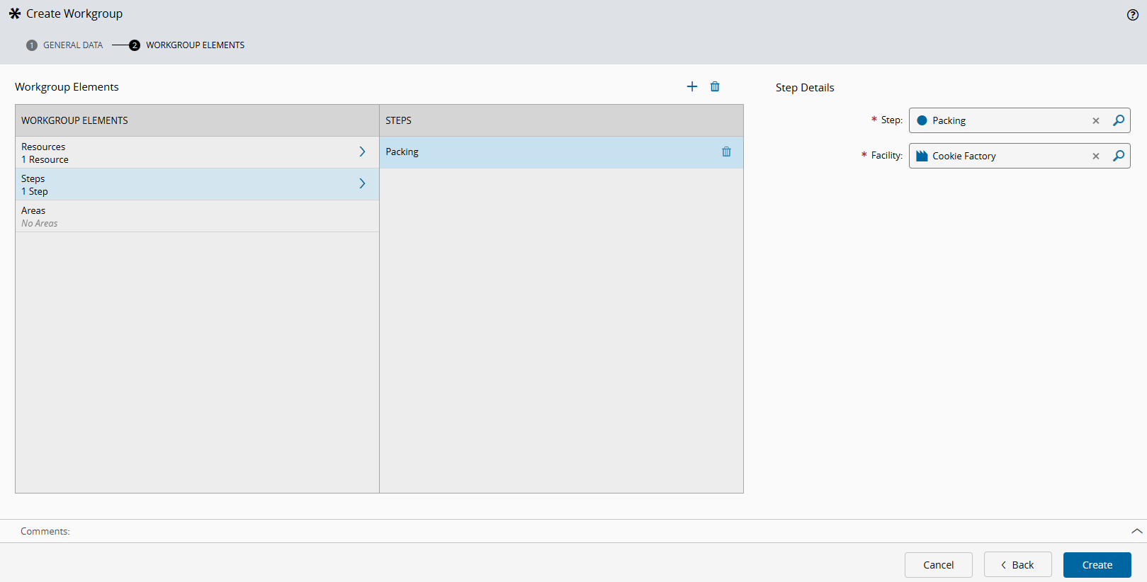 Screenshot showing the Create Workgroup wizard in the Workgroup Elements tab for Steps.