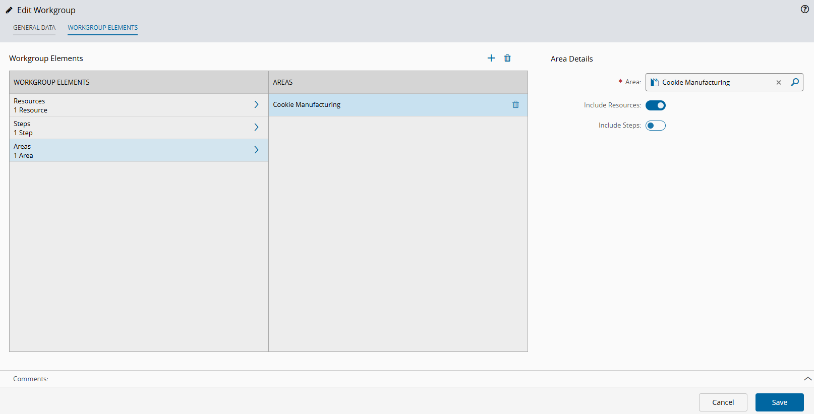 Screenshot showing the Edit Workgroup wizard in the Workgroup Elements tab for Areas.