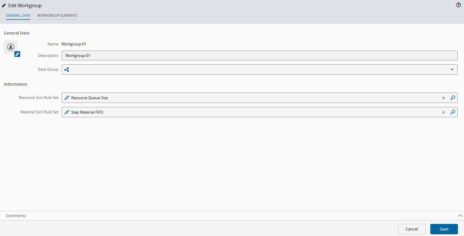 Screenshot showing the Edit Workgroup wizard in the General Data tab.