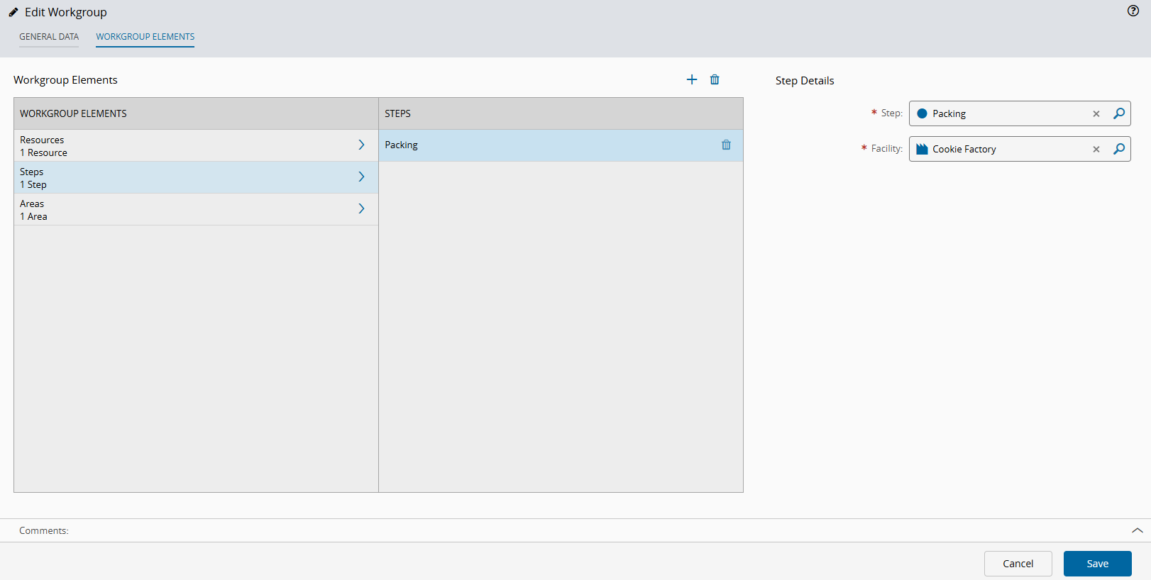Screenshot showing the Edit Workgroup wizard in the Workgroup Elements tab for Steps.