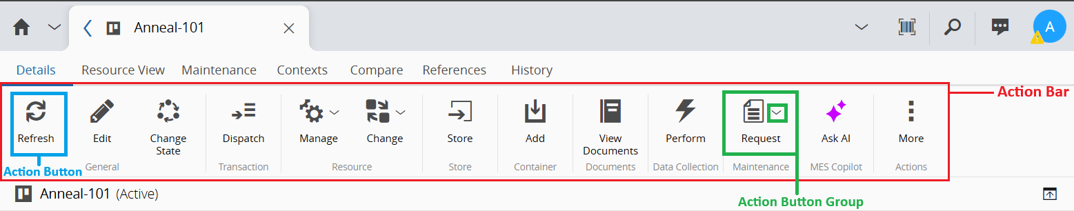 Screenshot explanation of the different Action Bar elements in Critical Manufacturing MES