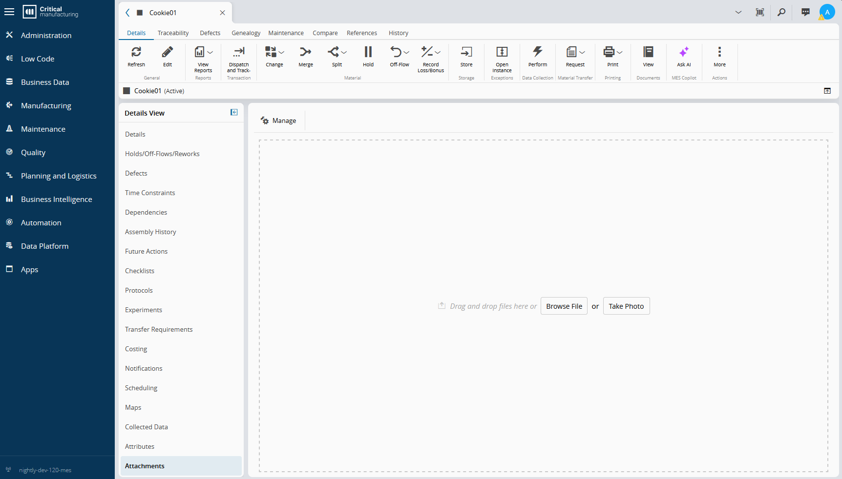 Screenshot showing the Attachments section without attachments, with Browse File and Capture Image options.