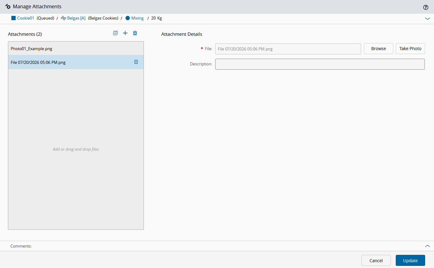 Screenshot showing the Manage Attachments wizard with a captured image ready to attach.