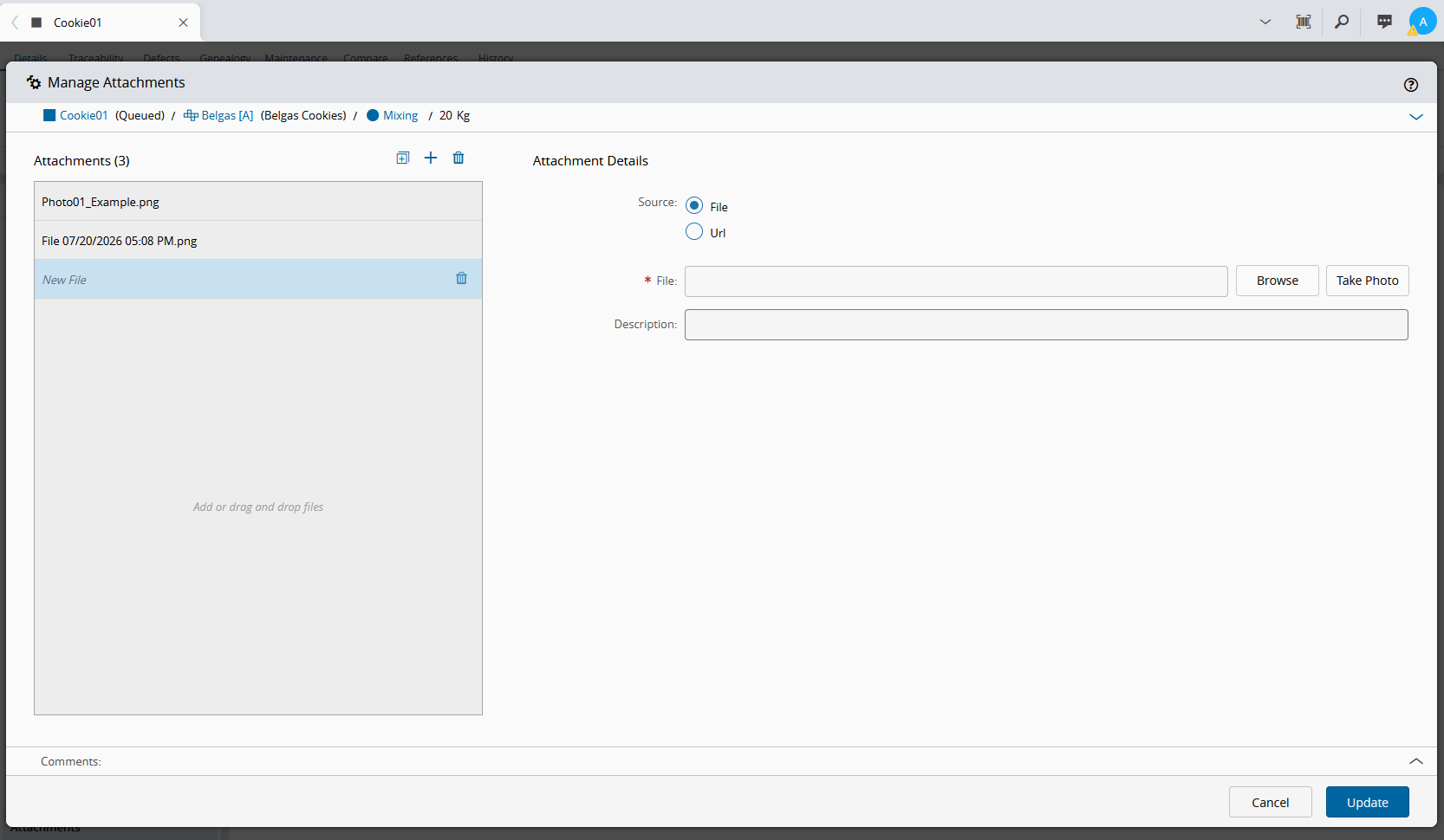 Screenshot showing the Manage Attachments wizard with the file upload area.