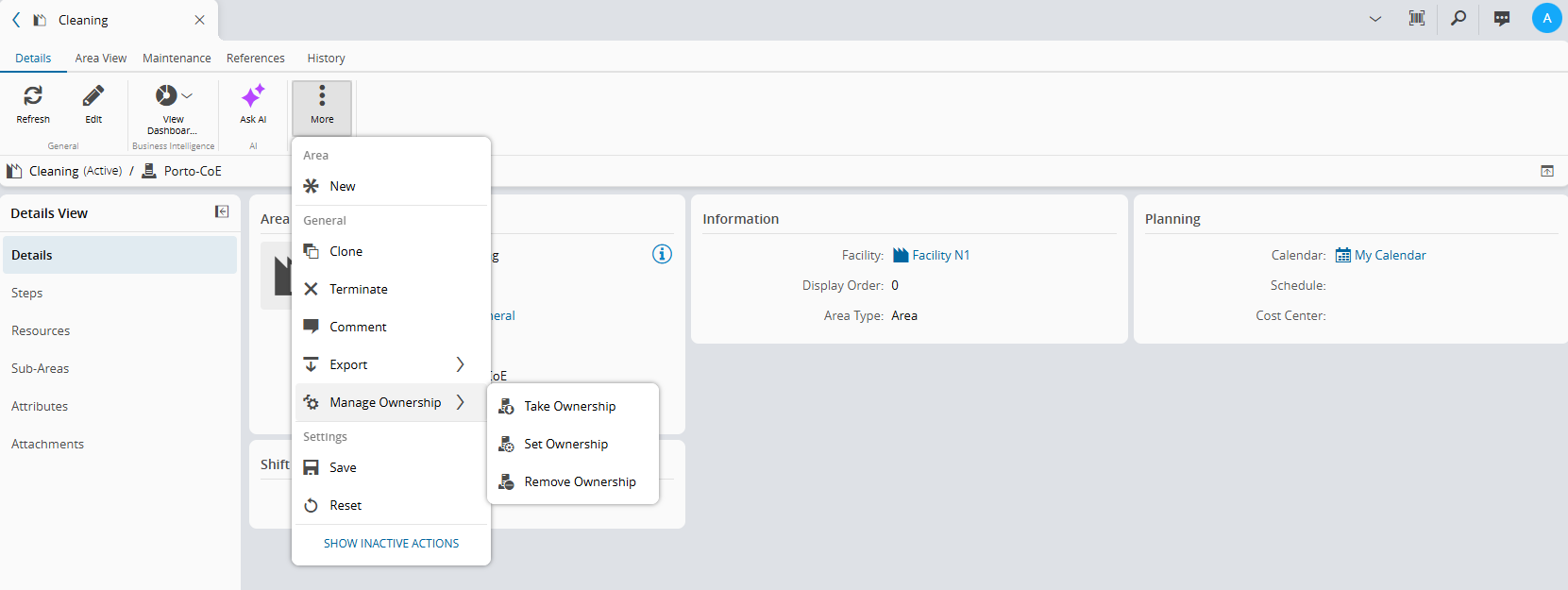 Screenshot showing the Manage Object Ownership option from the top action bar.