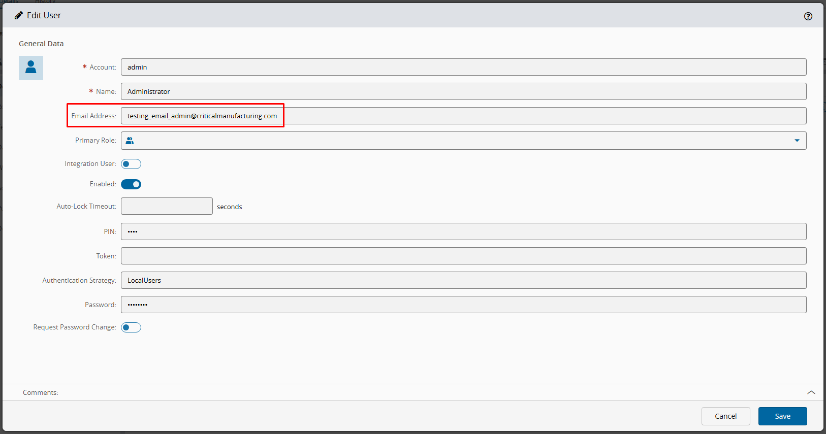 User profile showing the Email Address field.