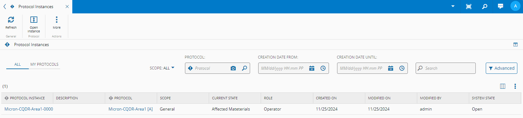 Screenshot showing the Open Instance button on the top ribbon.